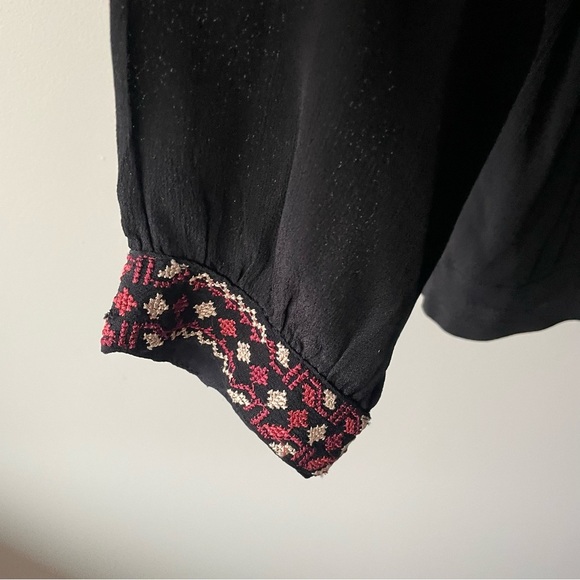 Noa Noa Boho Tassel Front Tie Blouse Top Black Red Embroidered Size 36 Small - Picture 6 of 8